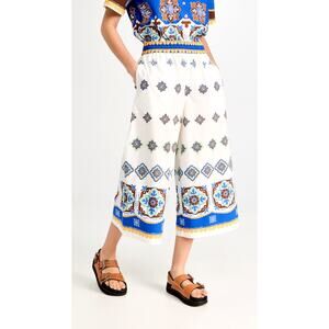 NWT La DoubleJ White Blue Printed Cropped Cotton-Poplin Wide Leg Crop Pant L